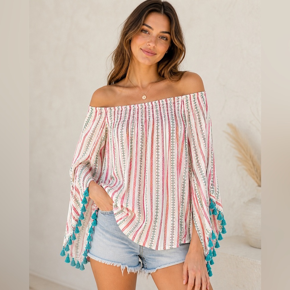 Studio West Apparel Off-Shoulder Pink Stripe Tassel Sleeve Top